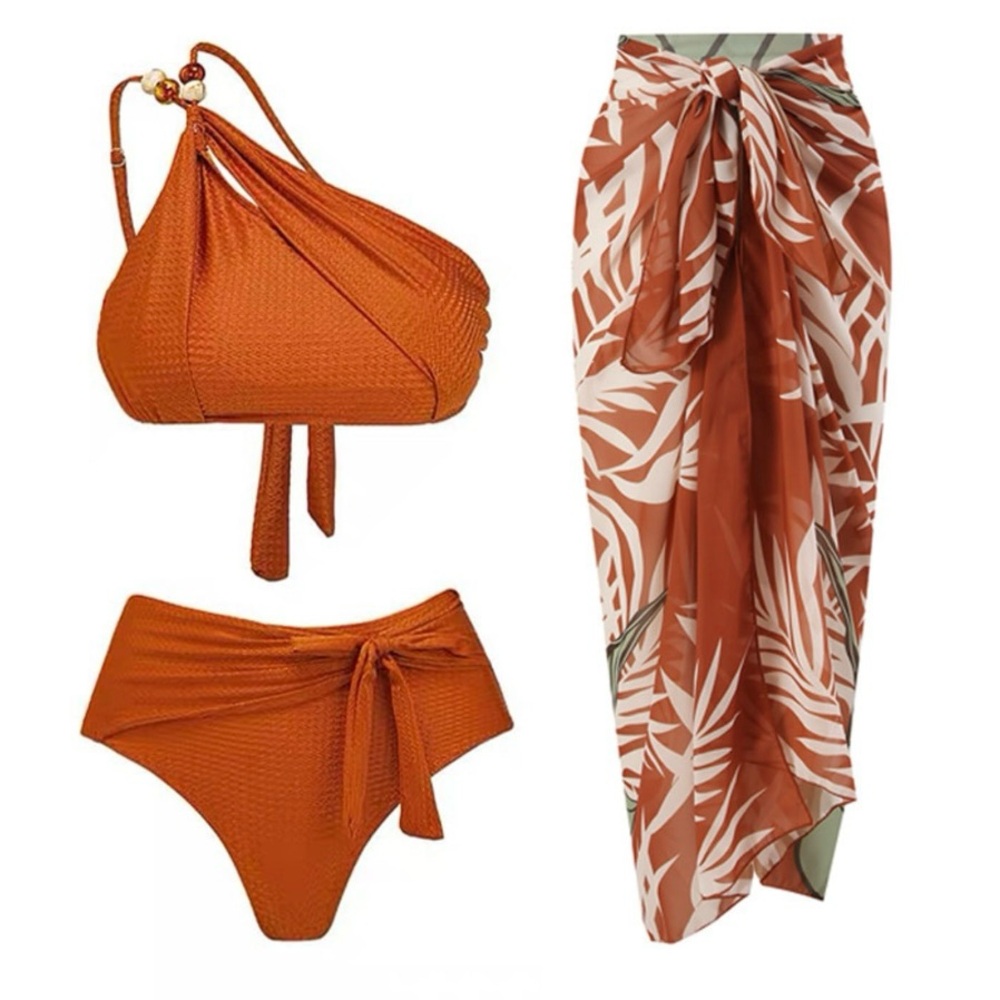 Chic Orange Bikini Set with Leaf Sarong NWOT 3Pc